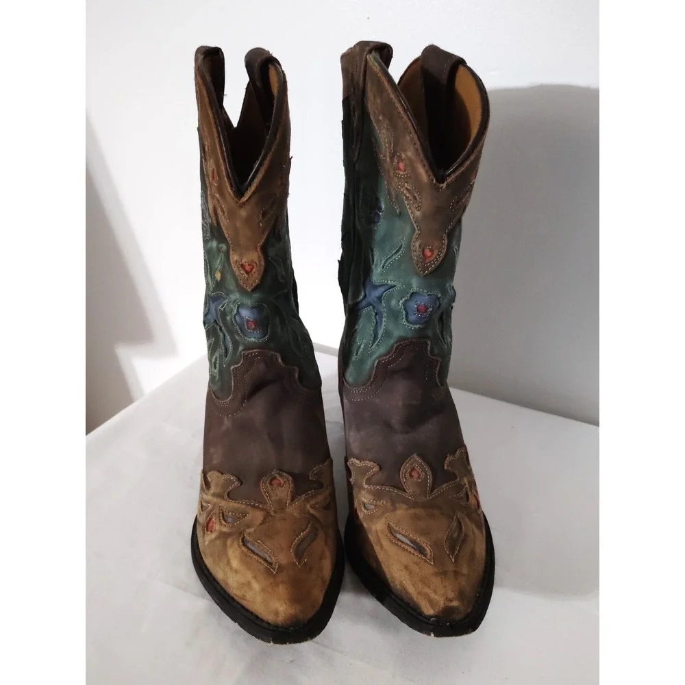 Dan Post Liberty Bird Brown Green Distressed Embroiderd Western Cowboy Boot 5.5Y